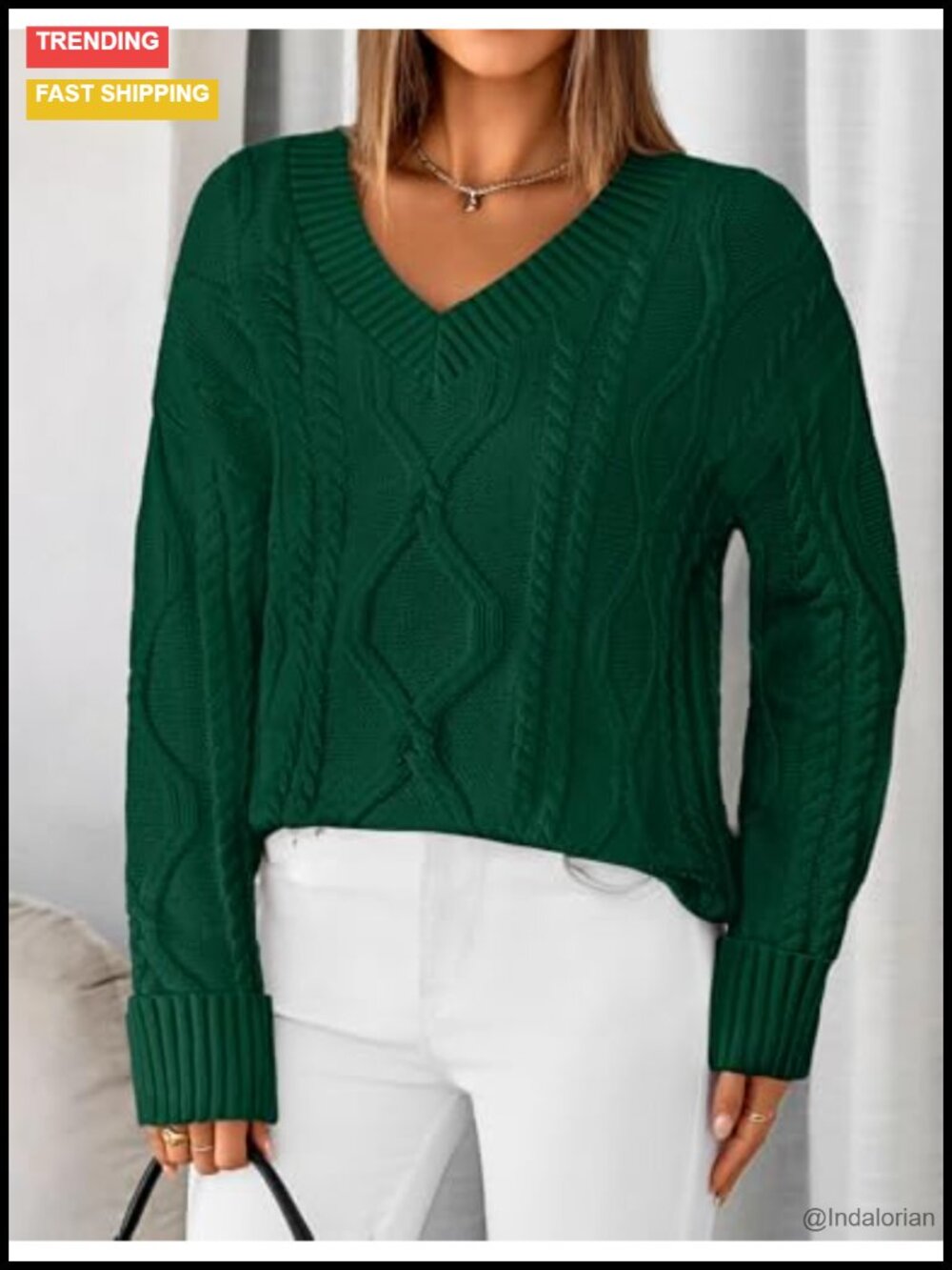 Cable Knit Oversized V-Neck Pullover Sweater Long Sleeve - Picture 2 of 6
